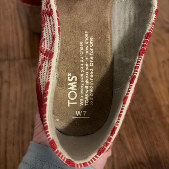 Toms Women's Espadrille Wedge Peep Toe Red Beige Multi Canvas Shoes Size 7 - Picture 6 of 6